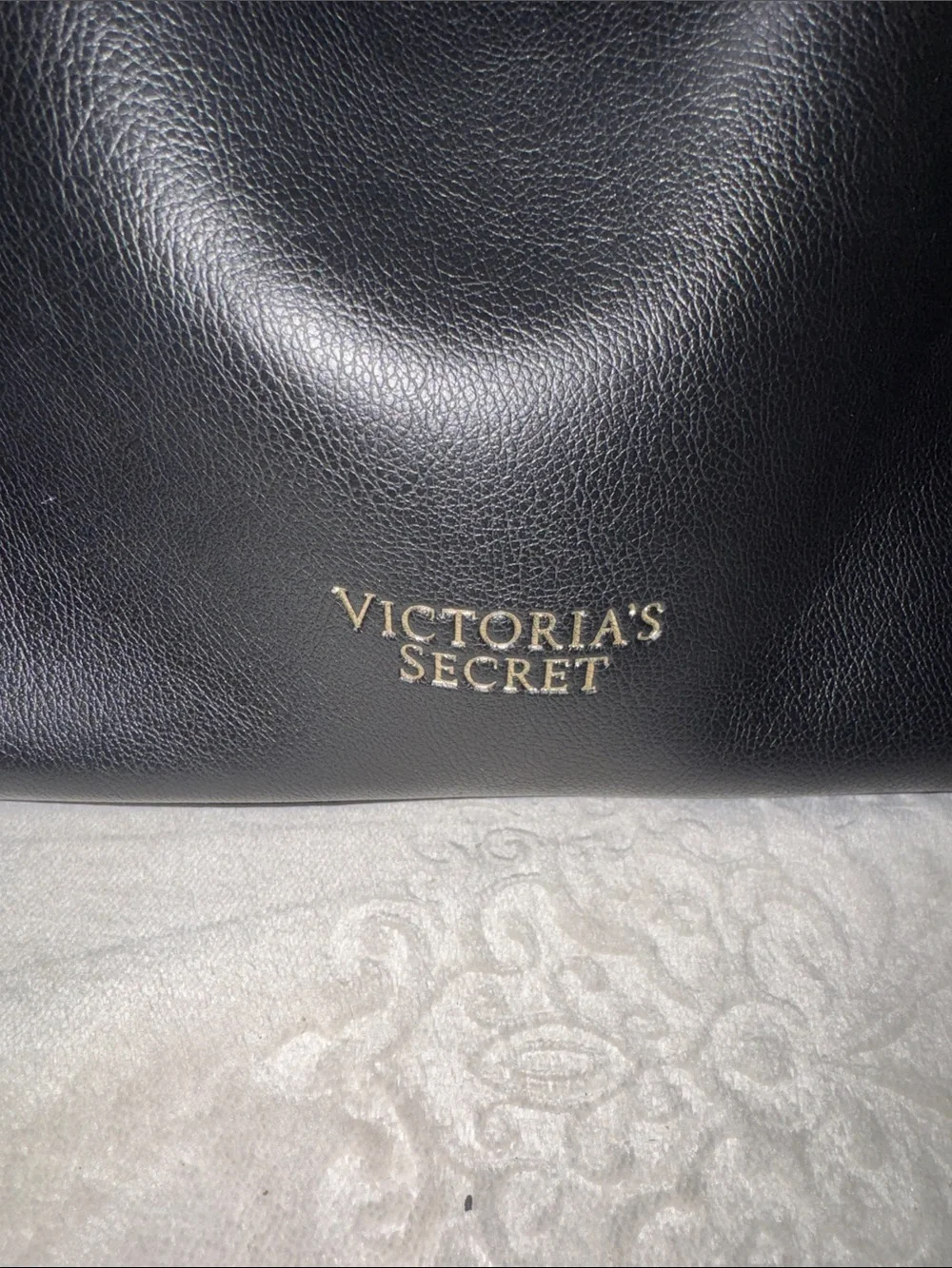 Victoria's Secret Black Tote with Red Interior and Gold Chain Handles